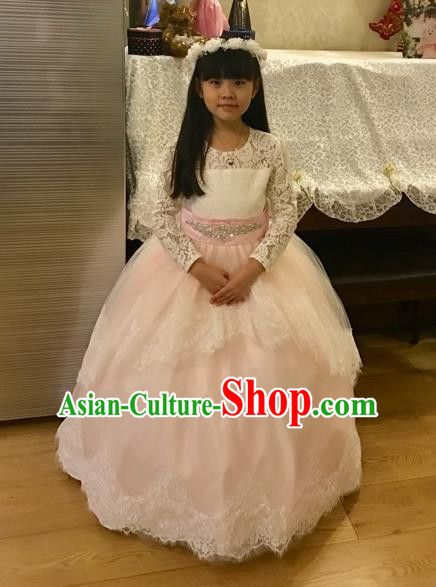 Traditional Chinese Modern Dancing Performance Costume, Children Opening Classic Chorus Singing Group Dance Uniforms, Modern Dance Classic Dance Pink Trailing Dress for Girls Kids