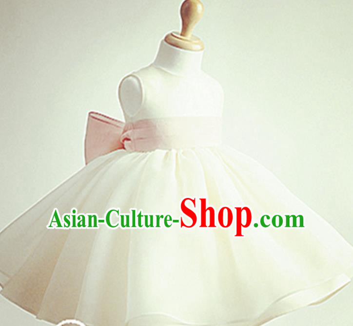 Traditional Chinese Modern Dancing Performance Costume, Children Opening Classic Chorus Singing Group Dance Evening Dress, Modern Dance Classic Dance Bubble Princess White Dress for Girls Kids