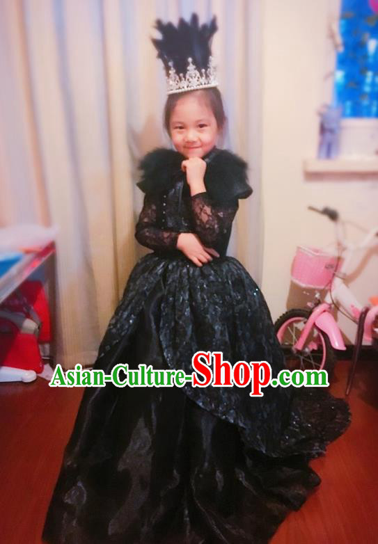 Traditional Chinese Modern Dancing Compere Costume, Children Opening Classic Chorus Singing Group Dance Veil Dress, Modern Dance Classic Dance Black Trailing Dress for Girls Kids