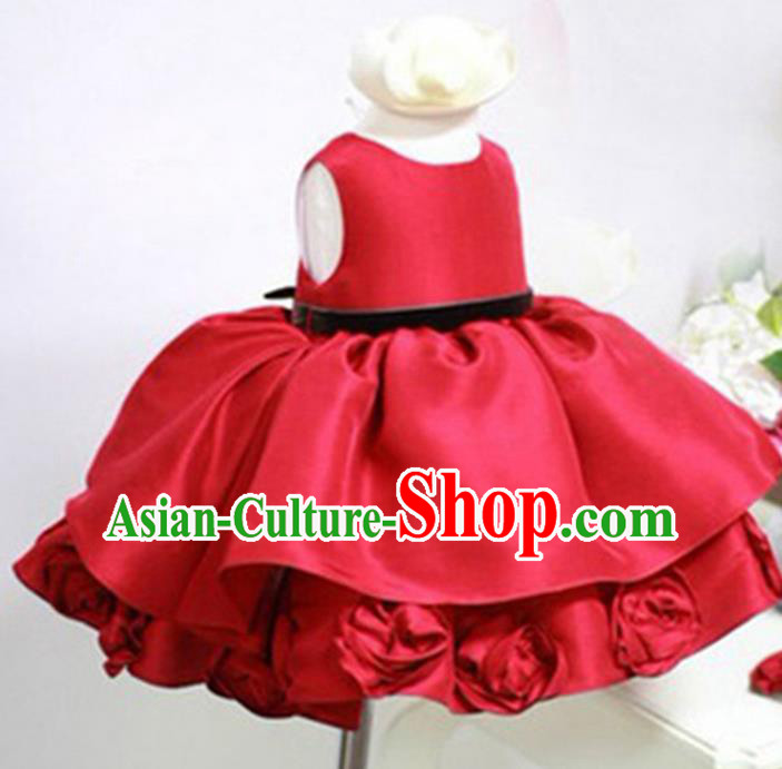 Traditional Chinese Modern Dancing Compere Performance Costume, Children Opening Classic Chorus Singing Group Dance Satin Dinner Dress, Modern Dance Classic Dance Red Bubble Dress for Girls Kids