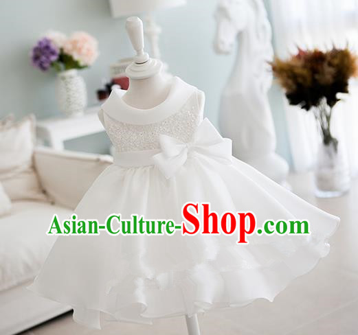 Traditional Chinese Modern Dancing Compere Performance Costume, Children Opening Classic Chorus Singing Group Dance Bowknot Dinner Dress, Modern Dance Classic Dance White Bubble Dress for Girls Kids