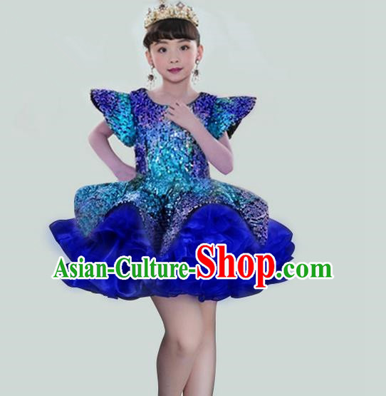 Traditional Chinese Modern Dancing Compere Performance Costume, Children Opening Classic Chorus Singing Group Dance Veil Evening Dress, Modern Dance Classic Dance Blue Bubble Dress for Girls Kids