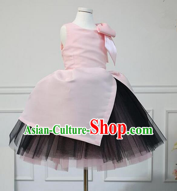 Traditional Chinese Modern Dancing Compere Performance Costume, Children Opening Classic Chorus Singing Group Dance Veil Evening Dress, Modern Dance Classic Dance Pink Bubble Dress for Girls Kids