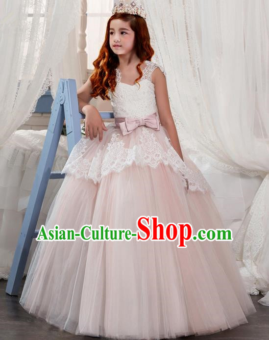 Traditional Chinese Modern Dancing Compere Performance Costume, Children Opening Classic Chorus Singing Group Dance Veil Bowknot Evening Dress, Modern Dance Classic Dance Pink Bubble Dress for Girls Kids