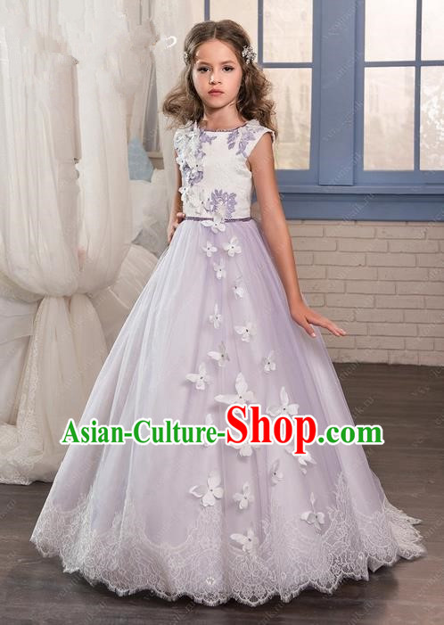 Traditional Chinese Modern Dancing Compere Performance Costume, Children Opening Classic Chorus Singing Group Dance Long Butterfly Veil Evening Dress, Modern Dance Classic Dance Bubble Dress for Girls Kids