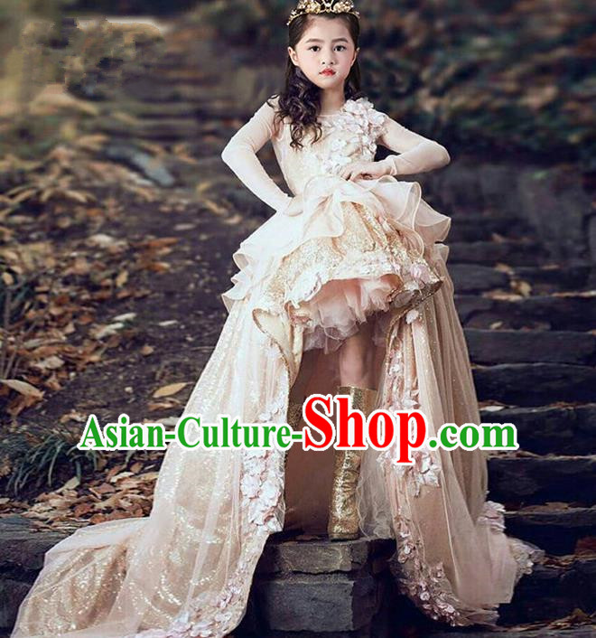 Top Grade Modern Dancing Compere Performance Costume, Children Opening Classic Chorus Singing Group Dance Long Big Bowknot Pink Evening Dress, Modern Dance Classic Dance Trailing Dress for Girls Kids