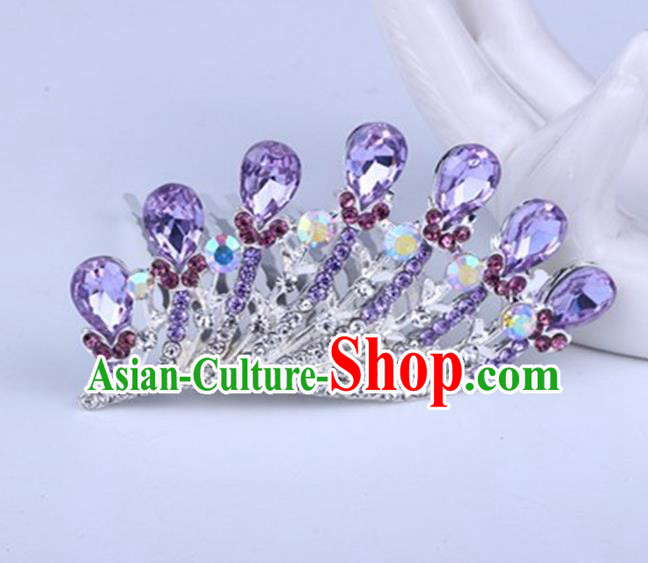 Top Grade Handmade Chinese Classical Hair Accessories, Children Baroque Style Headband Princess Royal Crown Purple Rhinestone Coronet, Hair Sticks Hair Jewellery, Hair Clasp for Kids Girls