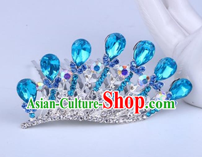 Top Grade Handmade Chinese Classical Hair Accessories, Children Baroque Style Headband Princess Royal Crown Blue Rhinestone Coronet, Hair Sticks Hair Jewellery, Hair Clasp for Kids Girls