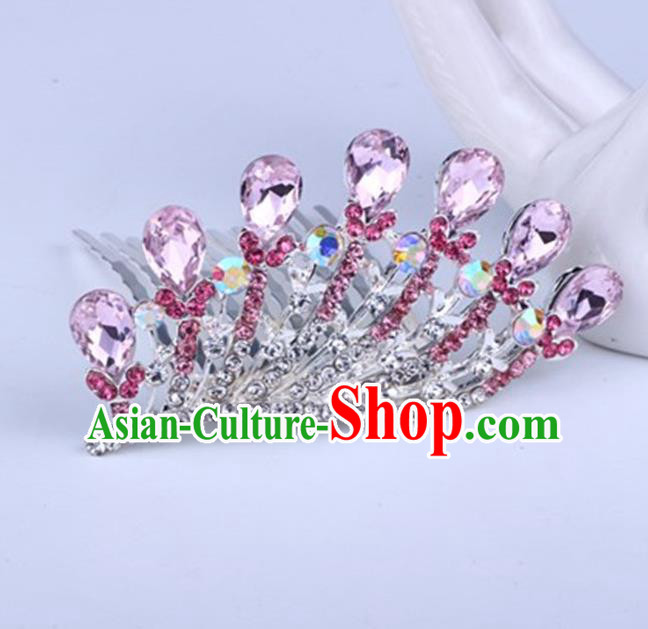 Top Grade Handmade Chinese Classical Hair Accessories, Children Baroque Style Headband Princess Royal Crown Pink Rhinestone Coronet, Hair Sticks Hair Jewellery, Hair Clasp for Kids Girls