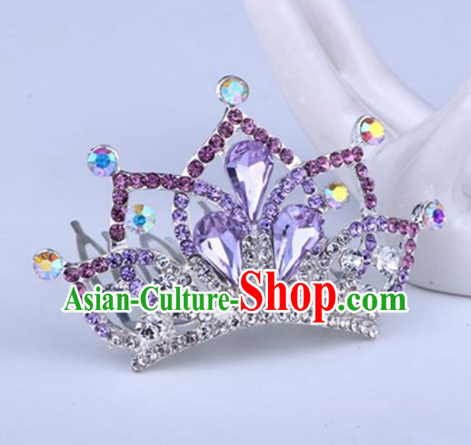 Top Grade Handmade Chinese Classical Hair Accessories, Children Baroque Style Headband Princess Royal Crown Purple Rhinestone Imperial Crown, Hair Sticks Hair Jewellery, Hair Clasp for Kids Girls