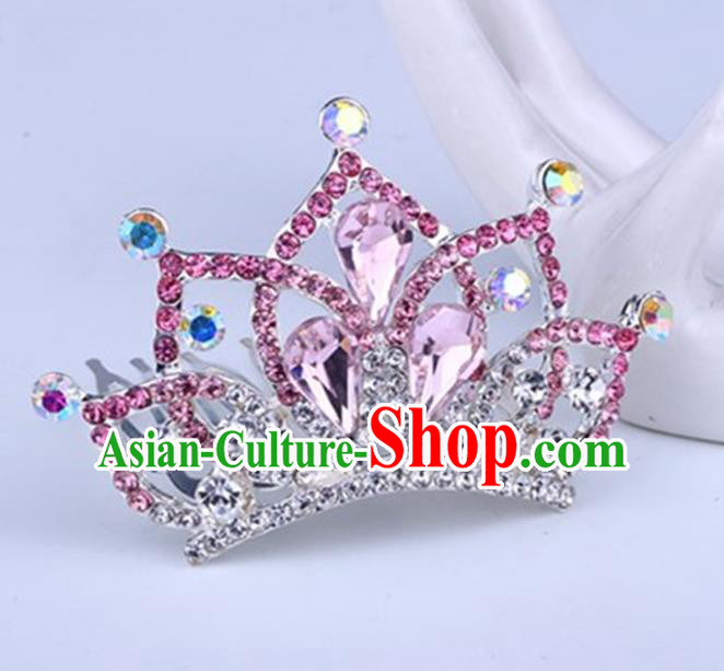 Top Grade Handmade Chinese Classical Hair Accessories, Children Baroque Style Headband Princess Royal Crown Pink Rhinestone Imperial Crown, Hair Sticks Hair Jewellery, Hair Clasp for Kids Girls