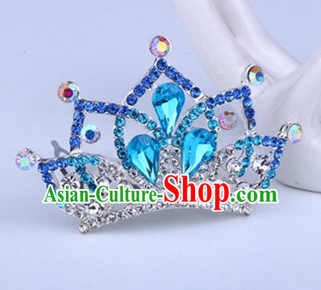 Top Grade Handmade Chinese Classical Hair Accessories, Children Baroque Style Headband Princess Royal Crown Blue Rhinestone Imperial Crown, Hair Sticks Hair Jewellery, Hair Clasp for Kids Girls