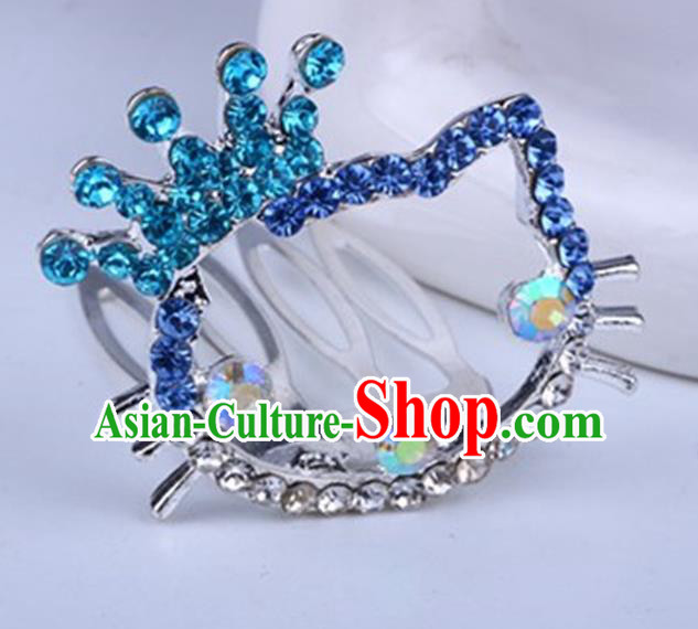 Top Grade Handmade Chinese Classical Hair Accessories, Children Baroque Style Headband Princess Blue Rhinestone Royal Crown, Hair Sticks Hair Jewellery, Cartoon Hair Clasp for Kids Girls