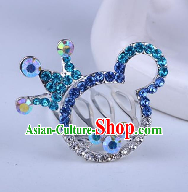 Top Grade Handmade Chinese Classical Hair Accessories, Children Baroque Style Headband Princess Blue Rhinestone Cute Royal Crown, Hair Sticks Hair Jewellery, Cartoon Hair Clasp for Kids Girls