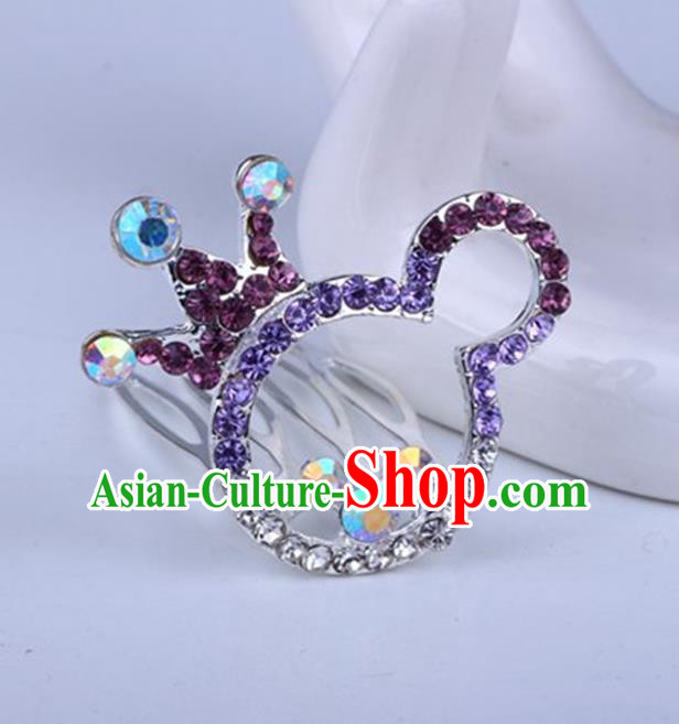 Top Grade Handmade Chinese Classical Hair Accessories, Children Baroque Style Headband Princess Purple Rhinestone Cute Royal Crown, Hair Sticks Hair Jewellery, Cartoon Hair Clasp for Kids Girls