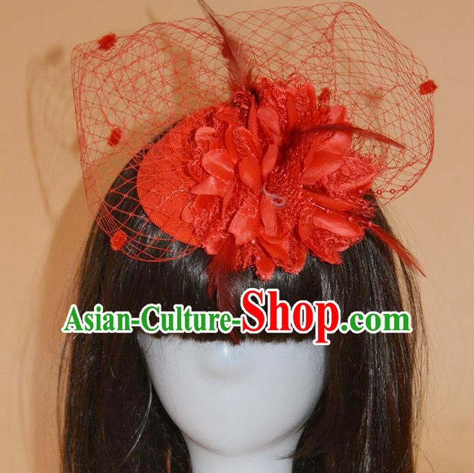 Top Grade Handmade Chinese Classical Hair Accessories, Children Baroque Style Headband Princess Red Veil Feather Top-hat, Hair Sticks Headwear Hats for Kids Girls