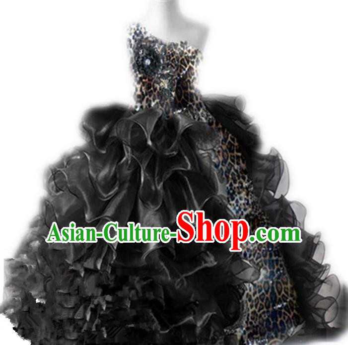 Traditional Chinese Modern Dancing Compere Performance Costume, Children Opening Classic Chorus Singing Group Dance Princess Black Leopard Long Bubble Full Dress, Modern Dance Halloween Party Dress for Girls Kids