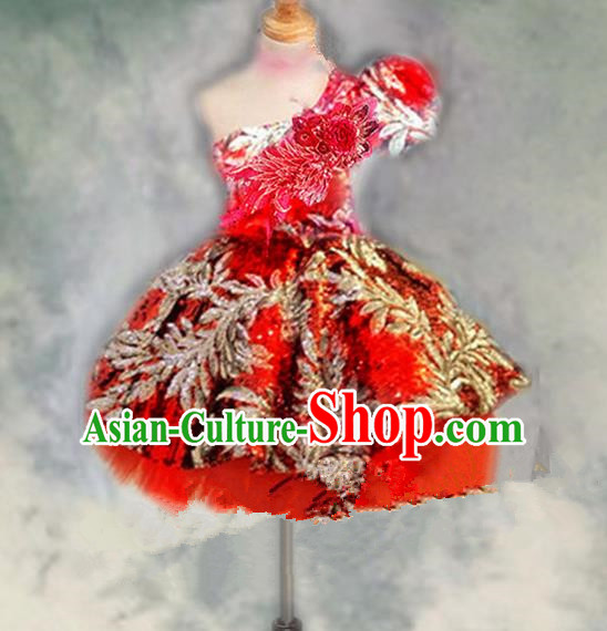 Traditional Chinese Modern Dancing Compere Performance Costume, Children Opening Classic Chorus Singing Group Dance Princess One-shoulder Red Bubble Full Dress, Modern Dance Halloween Party Dress for Girls Kids