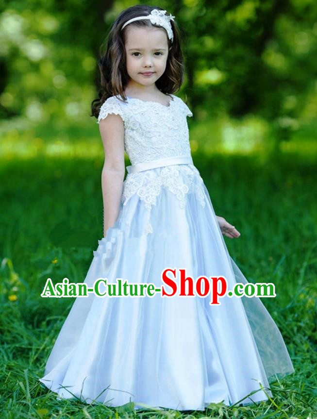 Traditional Chinese Modern Dancing Compere Performance Costume, Children Opening Classic Chorus Singing Group Dance Princess Blue Long Full Dress, Modern Dance Halloween Party Dress for Girls Kids