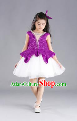 Traditional Chinese Modern Dancing Compere Costume, Children Opening Classic Chorus Singing Group Dance Purple Paillette Full Dress, Modern Dance Classic Dance Bubble Dress for Girls Kids