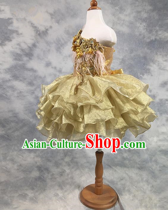 Traditional Chinese Modern Dancing Compere Costume, Children Opening Classic Chorus Singing Group Dance Princess Golden Paillette Full Dress, Modern Dance Classic Dance Bubble Dress for Girls Kids