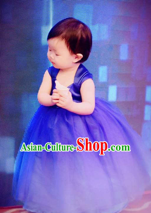 Traditional Chinese Modern Dancing Compere Costume, Children Opening Classic Chorus Singing Group Dance Princess Blue Veil Full Dress, Modern Dance Classic Dance Bubble Dress for Girls Kids