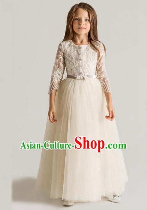 Traditional Chinese Modern Dancing Compere Performance Costume, Children Opening Classic Chorus Singing Group Dance Princess White Lace Full Dress, Modern Dance Classic Dance Dress for Girls Kids