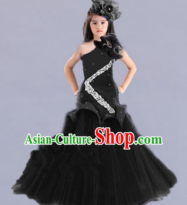 Traditional Chinese Modern Dancing Compere Performance Costume, Children Opening Classic Chorus Singing Group Dance Princess Black Fishtail Full Dress, Modern Dance Classic Dance Dress for Girls Kids