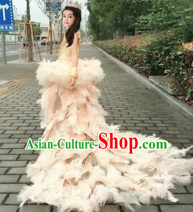 Top Grade Chinese Compere Performance Costume, Children Chorus Singing Group Full Dress Modern Dance Ostrich Feather Trailing Dress for Girls Kids