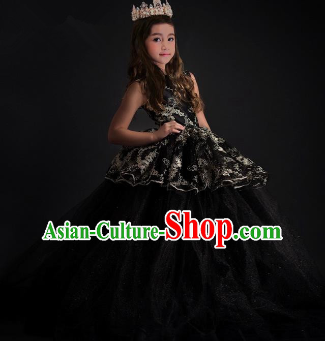 Top Grade Chinese Compere Performance Costume, Children Chorus Singing Group Black Long Full Dress Modern Dance Flowers Big Swing Trailing Dress for Girls Kids