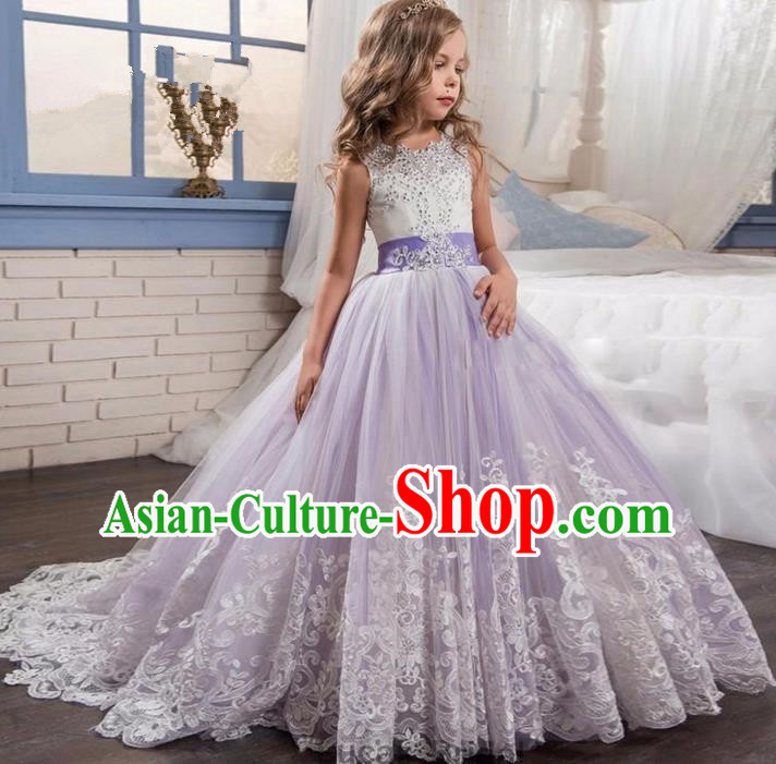 Top Grade Chinese Compere Performance Costume, Children Chorus Singing Group Purple Long Full Dress Modern Dance Big Swing Bubble Dress for Girls Kids