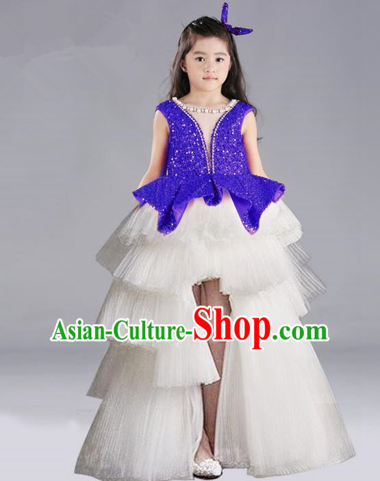 Top Grade Chinese Compere Performance Costume, Children Chorus Singing Group Blue Full Dress Modern Dance Trailing Bubble Short Dress for Girls Kids