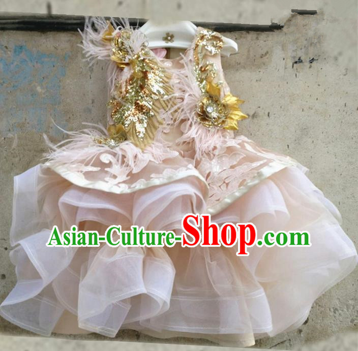 Top Grade Chinese Compere Performance Costume, Children Chorus Singing Group Champagne Ostrich Hair Full Dress Modern Dance Leopard Bubble Short Dress for Girls Kids