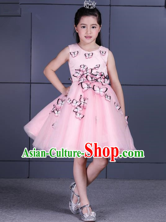 Top Grade Chinese Compere Performance Costume, Children Chorus Singing Group Pink Three-dimensional Butterfly Full Dress Modern Dance Bubble Short Dress for Girls Kids