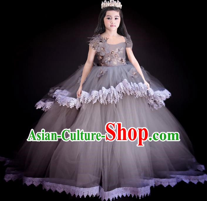 Top Grade Chinese Compere Performance Costume, Children Chorus Singing Group Baby Princess Full Dress Modern Dance Big Swing Long Veil Dress for Girls Kids