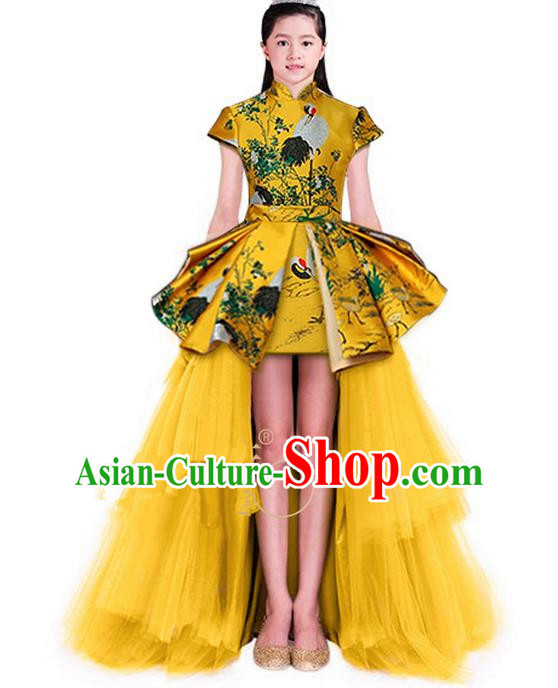 Top Grade Chinese Style Compere Performance Costume, Children Chorus Singing Group Stand Collar Full Dress Modern Dance Gold Long Veil Trailing Dress for Girls Kids