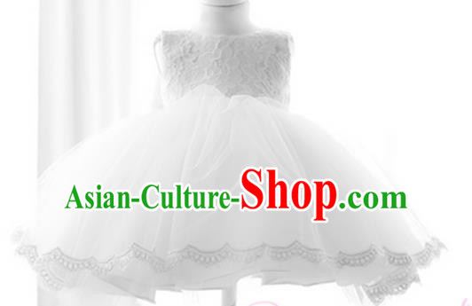 Top Grade Chinese Compere Performance Costume, Children Chorus Singing Group White Full Dress Modern Ballet Dance Short Veil Bubble Dress for Girls Kids