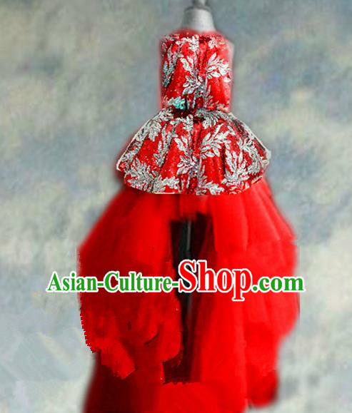 Top Grade Chinese Compere Catwalks Performance Costume, Children Chorus Singing Group Baby Princess Red Full Dress Modern Dance Trailing Dress for Girls Kids