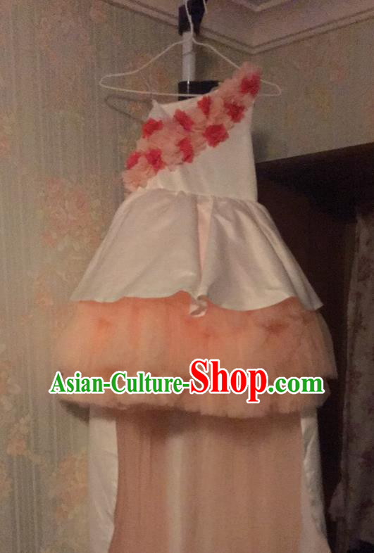 Top Grade Chinese Compere Catwalks Performance Costume, Children Chorus Singing Group Baby Princess Flower Girl Full Dress Modern Dance One-shoulder Bubble Short Dress for Girls Kids