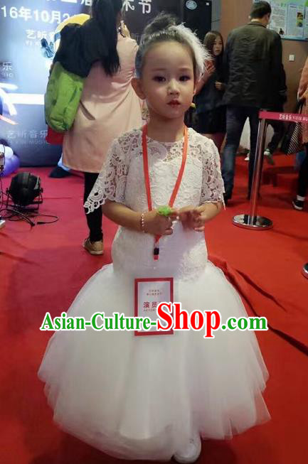 Top Grade Chinese Compere Catwalks Performance Costume, Children Chorus Singing Group Baby Princess Fishtail Full Dress Modern Dance White Veil Dress for Girls Kids