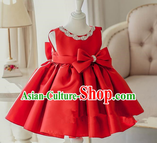 Top Grade Chinese Compere Catwalks Performance Costume, Children Chorus Singing Group Baby Princess Red Bubble Full Dress Modern Dance Short Dress for Girls Kids