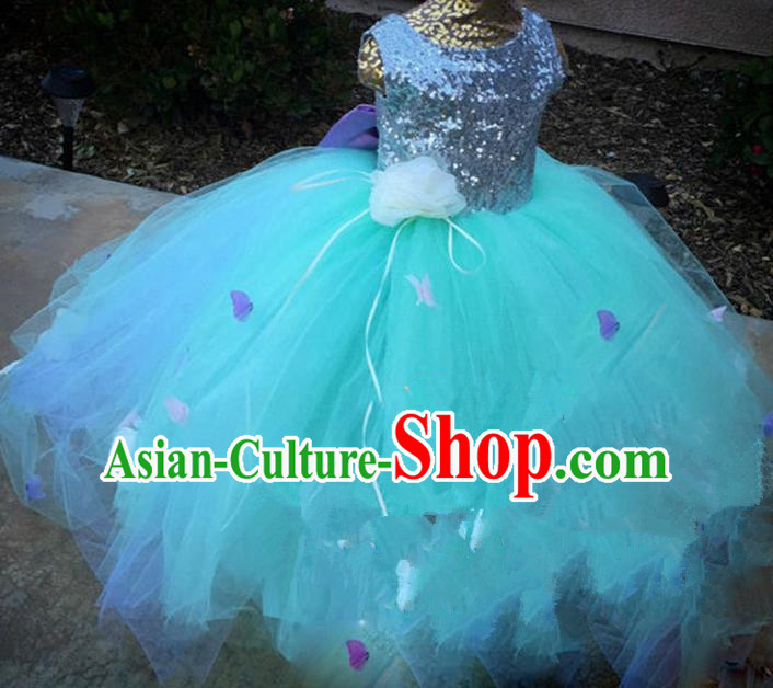 Top Grade Chinese Compere Catwalks Performance Costume, Children Chorus Singing Group Baby Princess Sequins Bowknot Bubble Full Dress Modern Dance Blue Dress for Girls Kids