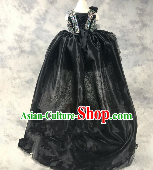 Top Grade Chinese Compere Catwalks Performance Costume, Children Chorus Singing Group Baby Princess Sequins Bubble Full Dress Modern Dance Black Trailing Dress for Girls Kids