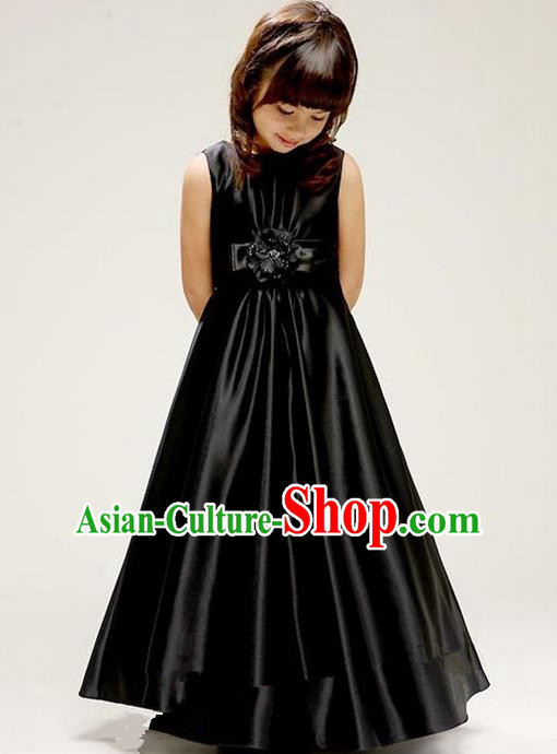 Top Grade Chinese Compere Performance Costume, Children Chorus Singing Group Baby Princess Black Full Dress Modern Dance Veil Bubble Cocktail Dress for Girls Kids