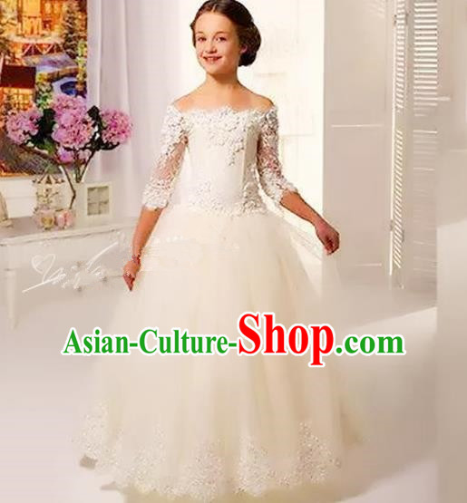 Top Grade Chinese Compere Performance Costume, Children Chorus Singing Group Baby Princess White Off Shoulder Full Dress Modern Dance Veil Bubble Cocktail Dress for Girls Kids