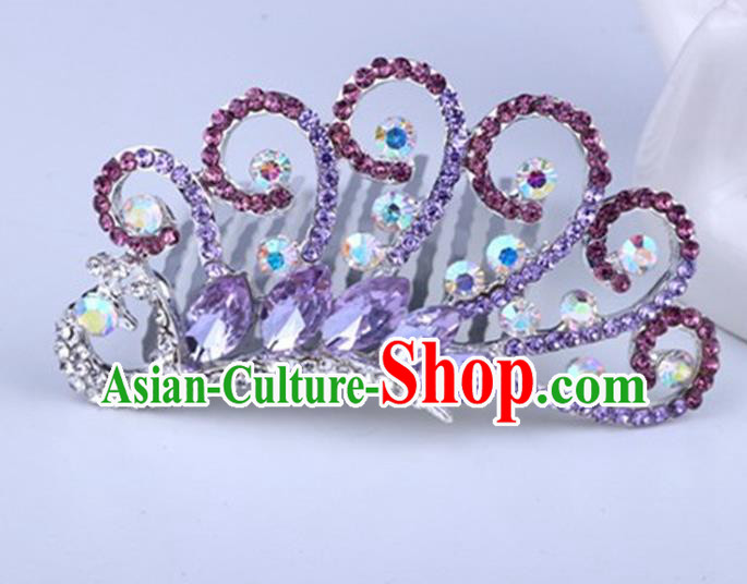 Top Grade Handmade Classical Peacock Hair Accessories, Children Baroque Style Crystal Rhinestone Princess Purple Royal Crown Hair Jewellery Hair Clasp for Kids Girls