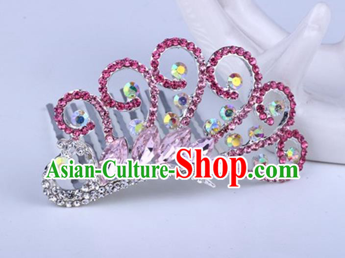 Top Grade Handmade Classical Peacock Hair Accessories, Children Baroque Style Crystal Hairpins Rhinestone Princess Pink Royal Crown Hair Jewellery Hair Clasp for Kids Girls