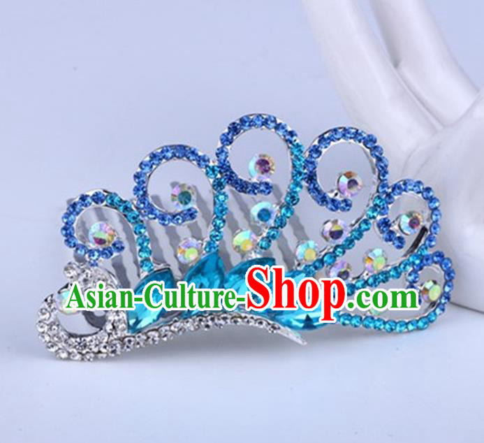 Top Grade Handmade Classical Peacock Hair Accessories, Children Baroque Style Crystal Hairpins Rhinestone Princess Blue Royal Crown Hair Jewellery Hair Clasp for Kids Girls