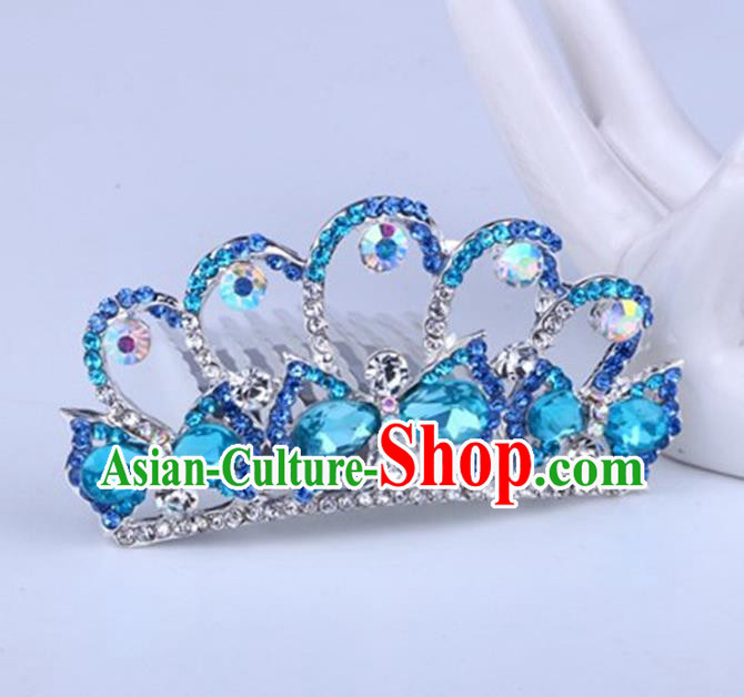 Top Grade Handmade Classical Swan Hair Accessories, Children Baroque Style Crystal Hairpins Rhinestone Princess Blue Royal Crown Hair Jewellery Hair Clasp for Kids Girls