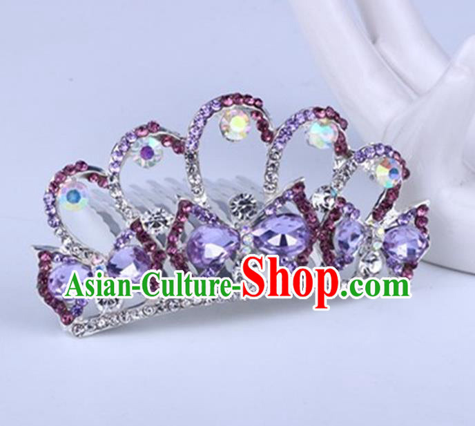 Top Grade Handmade Classical Swan Hair Accessories, Children Baroque Style Crystal Hairpins Rhinestone Princess Purple Royal Crown Hair Jewellery Hair Clasp for Kids Girls